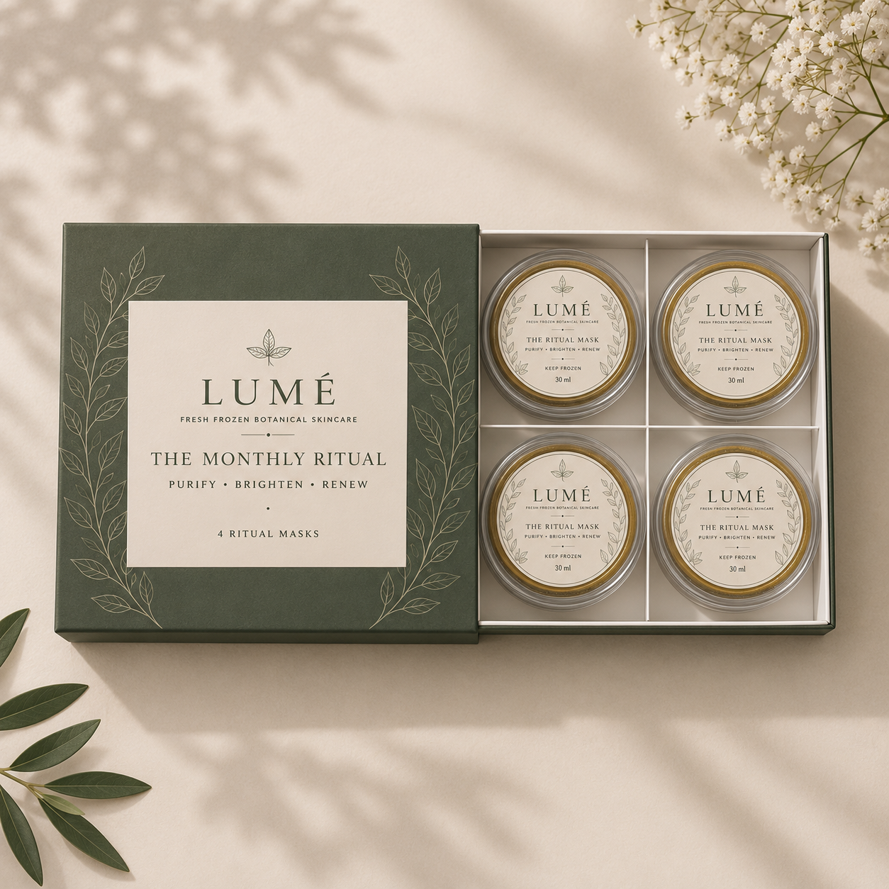 The official LUMÉ Monthly Ritual box holding four Ritual Mask cups