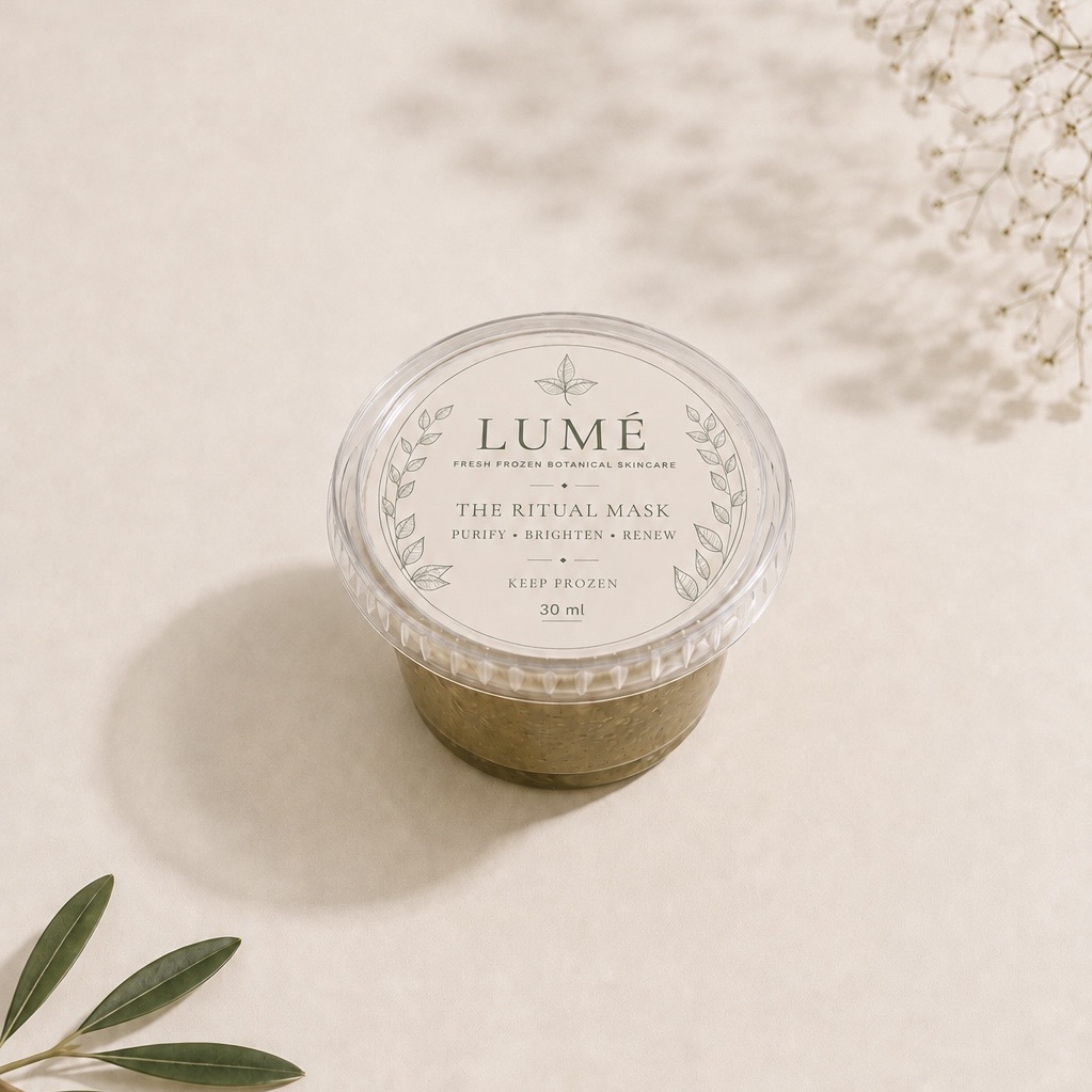 The official LUMÉ Single Ritual: one Ritual Mask cup on warm ivory with olive leaves