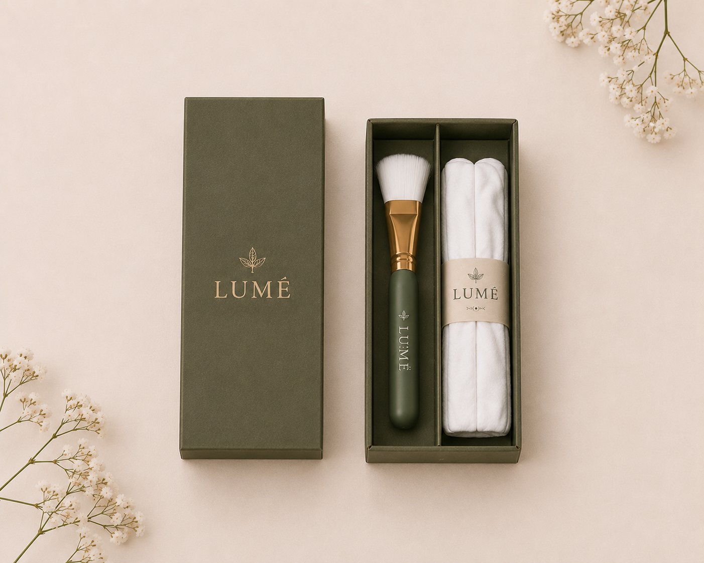 The official LUMÉ Ritual Tools: the Ritual Brush and Ritual Glove in their box