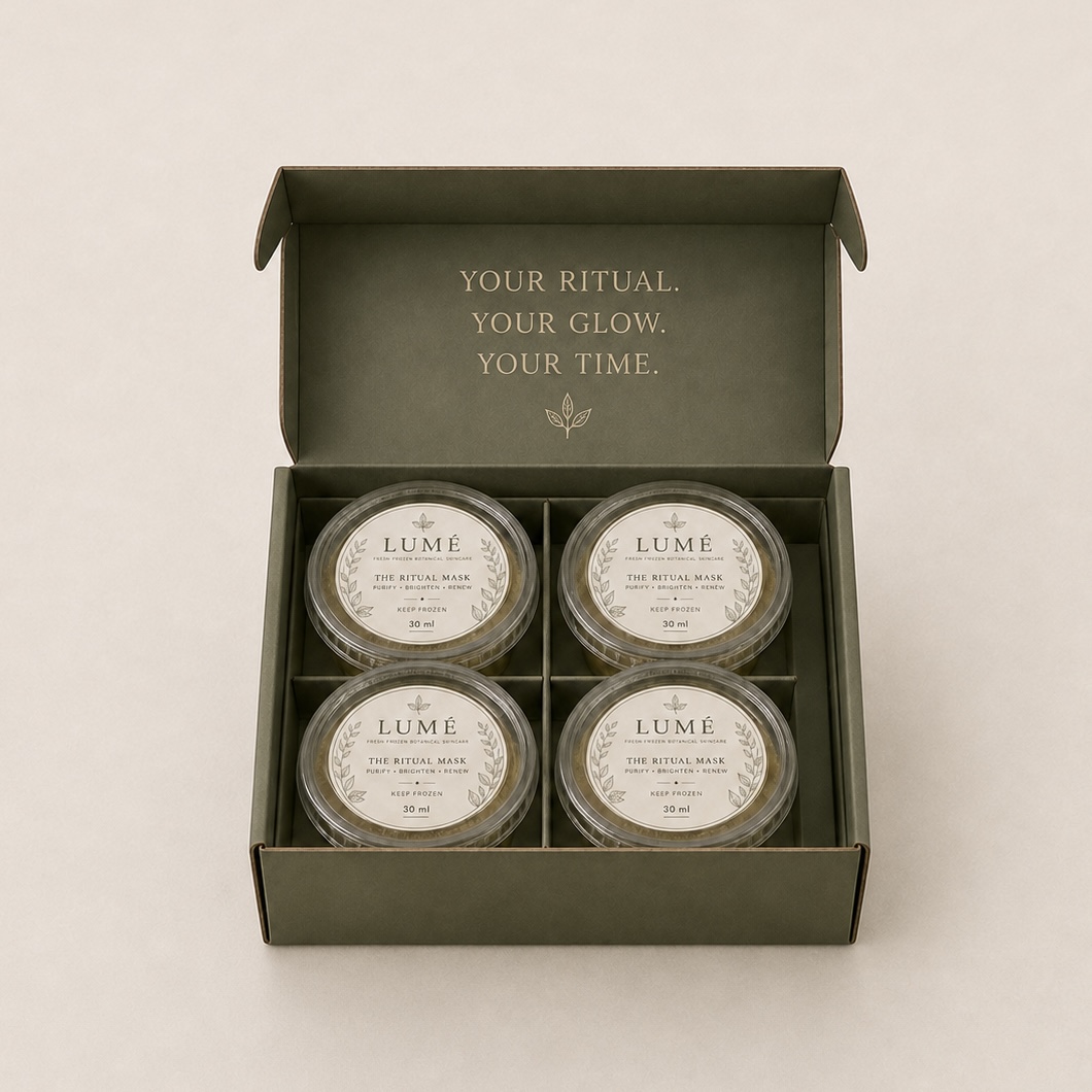 The official LUMÉ Monthly Ritual box holding four Ritual Mask cups