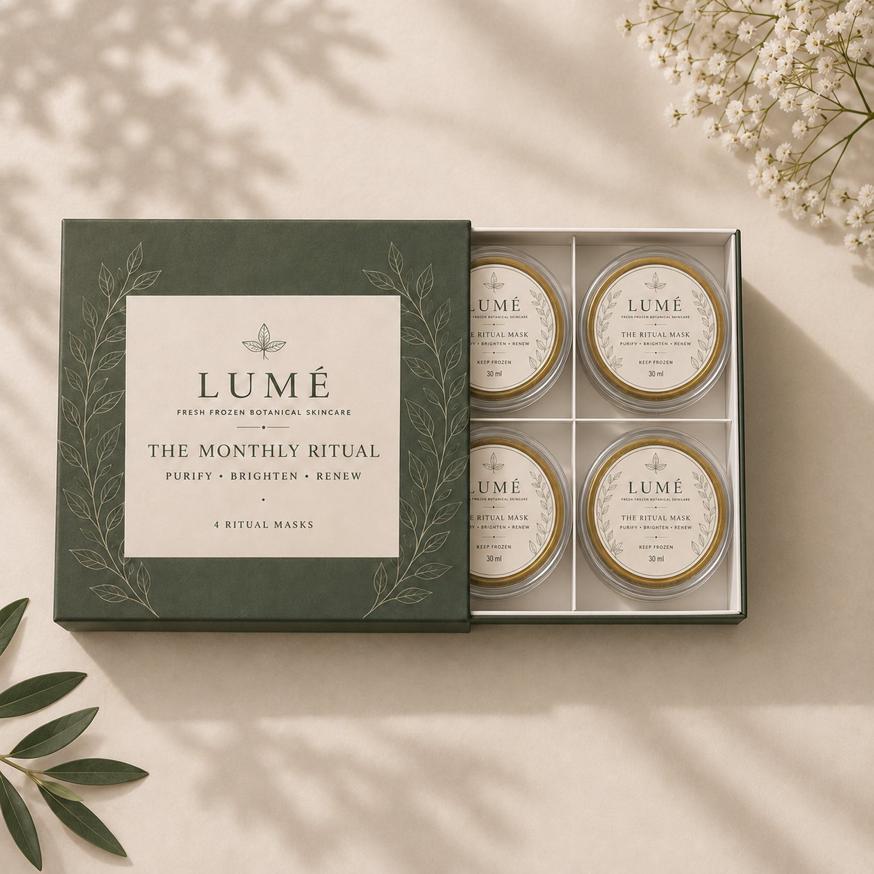 The Monthly Ritual box half open, revealing the Ritual Mask cups